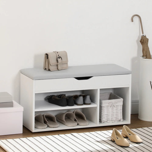 Shoe Bench with Padded Cushion, Hidden Storage, White