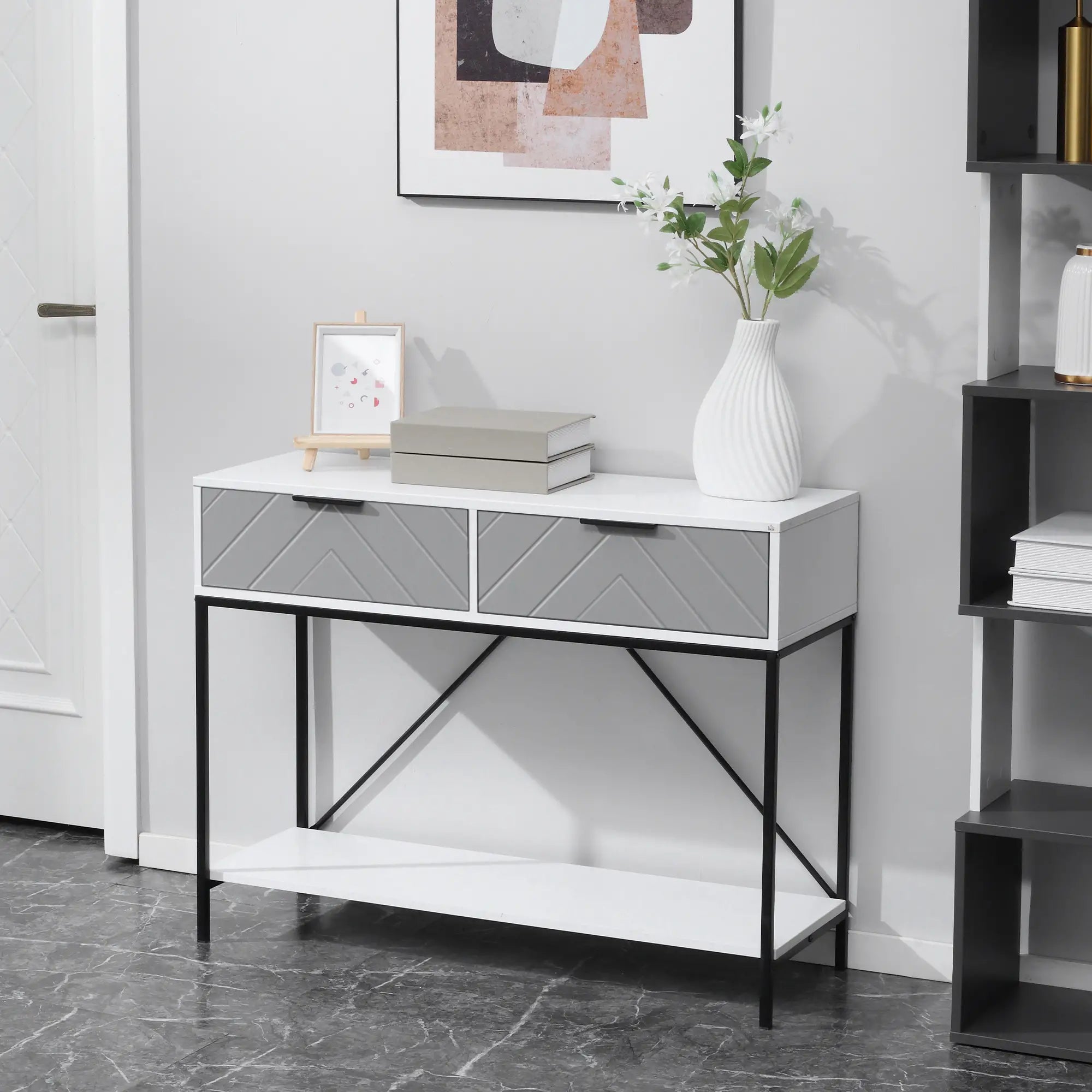 Modern Console Table with 2 Drawers, 2 Tier Entryway Table with Shelf, White Console Tables at Gallery Canada