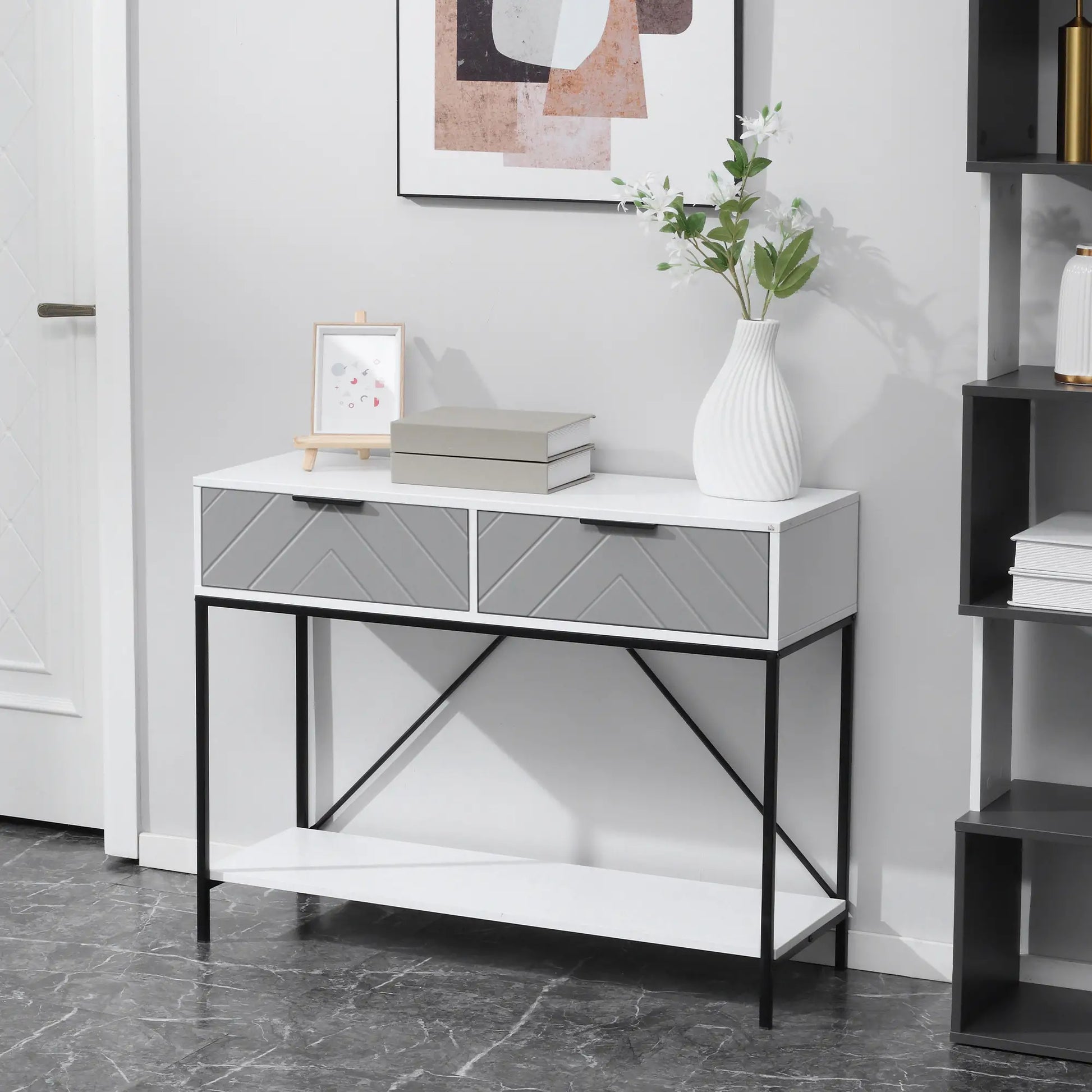 Modern Console Table with 2 Drawers, 2 Tier Entryway Table with Shelf, White Console Tables at Gallery Canada