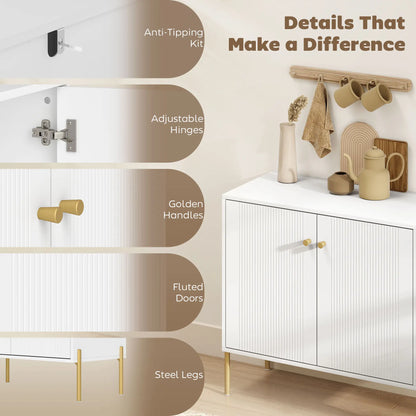 Meuble d'appoint, Buffet Moderne, Portes Cannelées, Étagère Réglable, Blanc