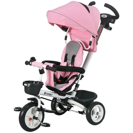6 in 1 Toddler Tricycle, Parent Push Handle, Canopy, Storage Baskets, Pink Tricycles for Kids Pink, White at Gallery Canada