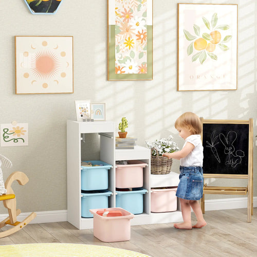 3 Layer Toy Storage Organizer, Kids Bookshelf, 6 Plastic Bins, Blue & Pink