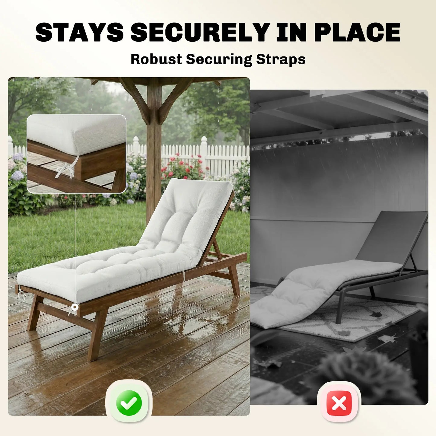 Patio Lounge Chair Cushion, UV50+ With Straps, 78 x 25.6 inch, Cream White Patio Chair Cushions at Gallery Canada