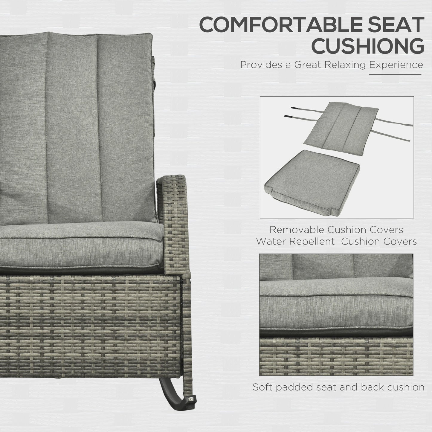 Outdoor Wicker Rocking Chair with Cushion, Adjustable Footrest, Grey Outdoor Rocking Chairs at Gallery Canada