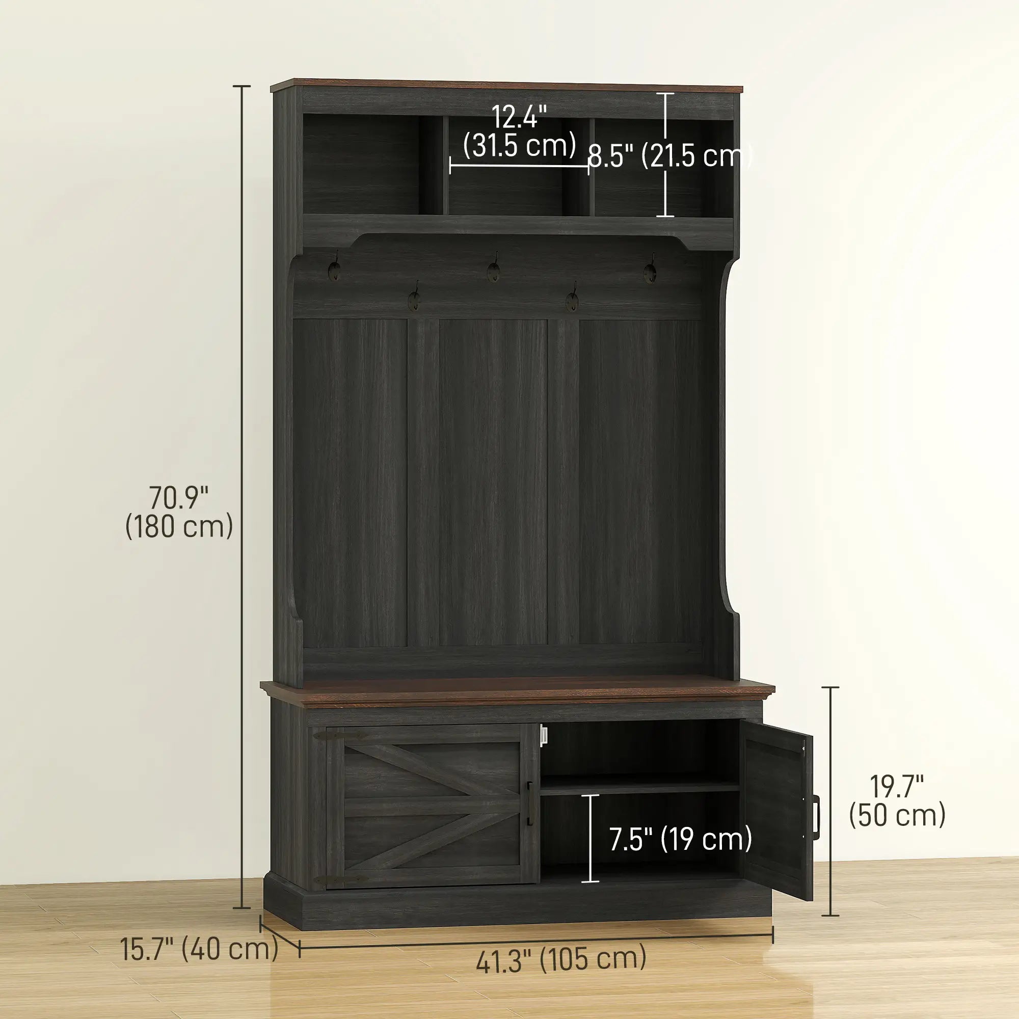 3-in-1 Hall Tree with Bench, Coat Rack, Shoe Storage, Distressed, Black Clothing Storage at Gallery Canada