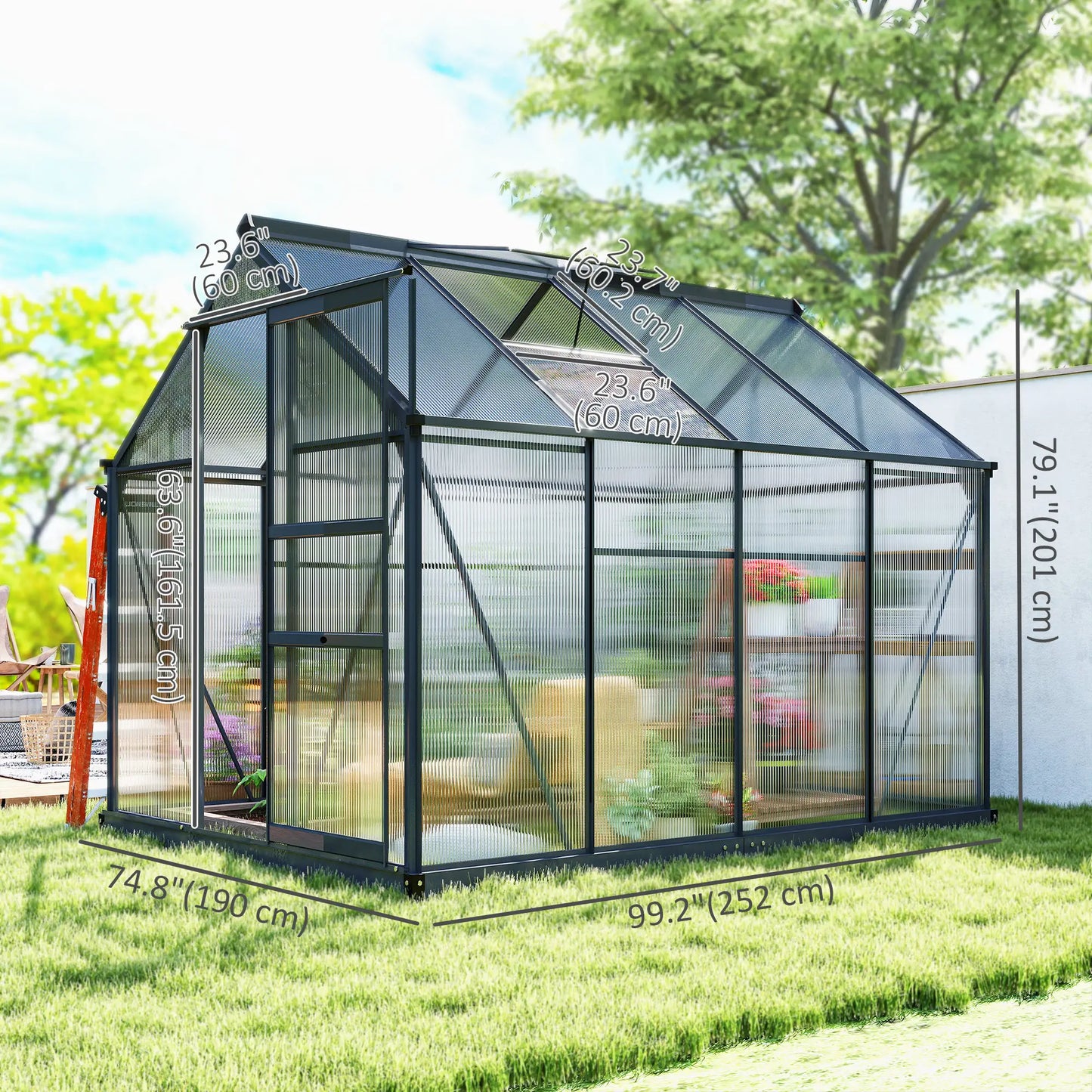 Greenhouse Garden, Outdoor Kit, PC Board Sliding Door, 6.2' x 8.3' x 6.6', Grey Walk In Greenhouses at Gallery Canada