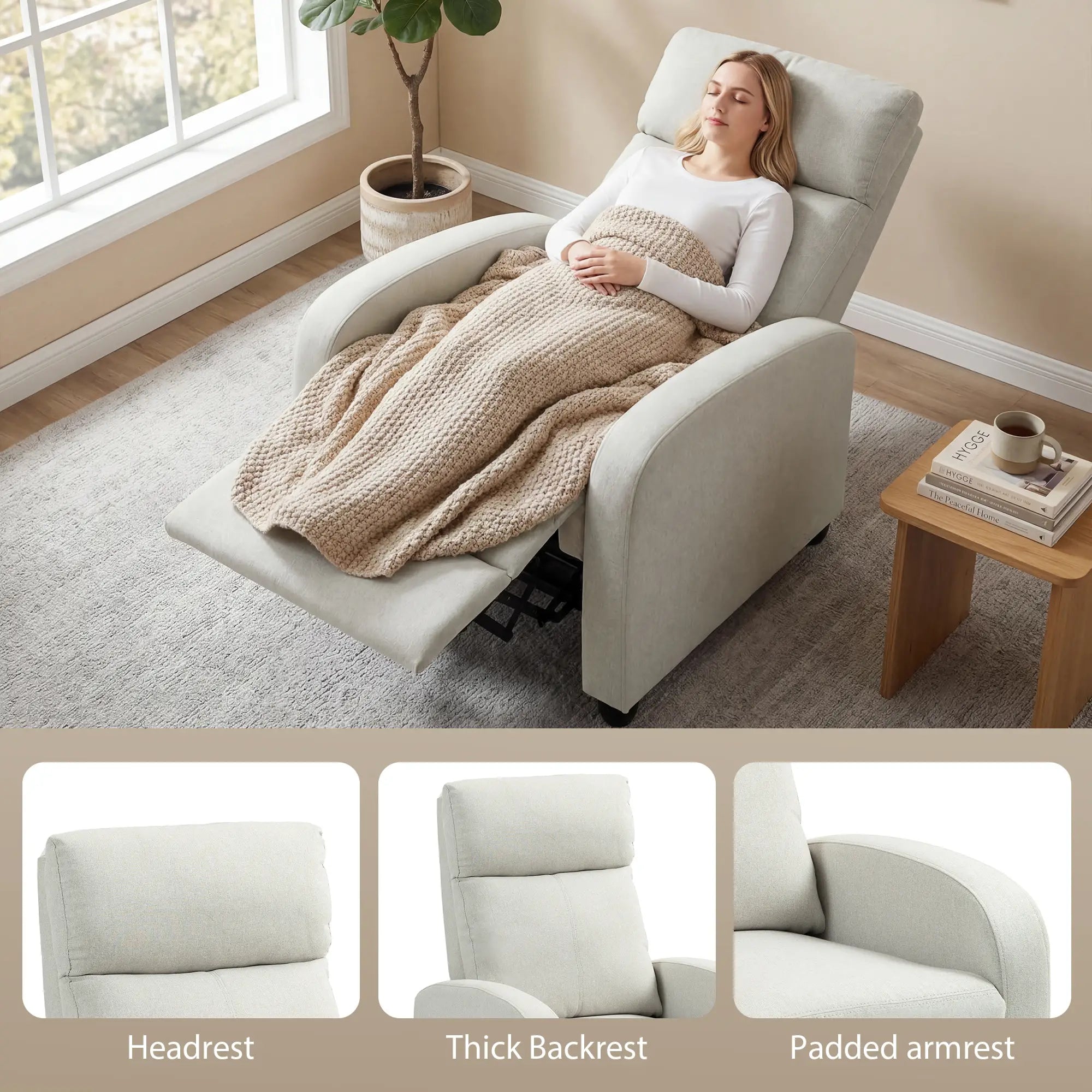 Fabric Recliner Chair, Manual Reclining Sofa, Padded Seat, Cream White Single Sofas at Gallery Canada