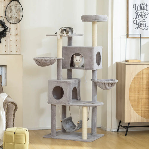 66 Inch Cat Tree with 2 Door Condos, 3 Hammocks, Perch, Scratching Posts, Light Grey