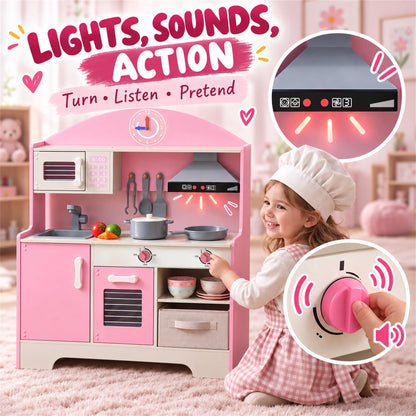 Kids Wooden Play Kitchen Set, Lights Sounds, 5pcs, Ages 3-6, Pink