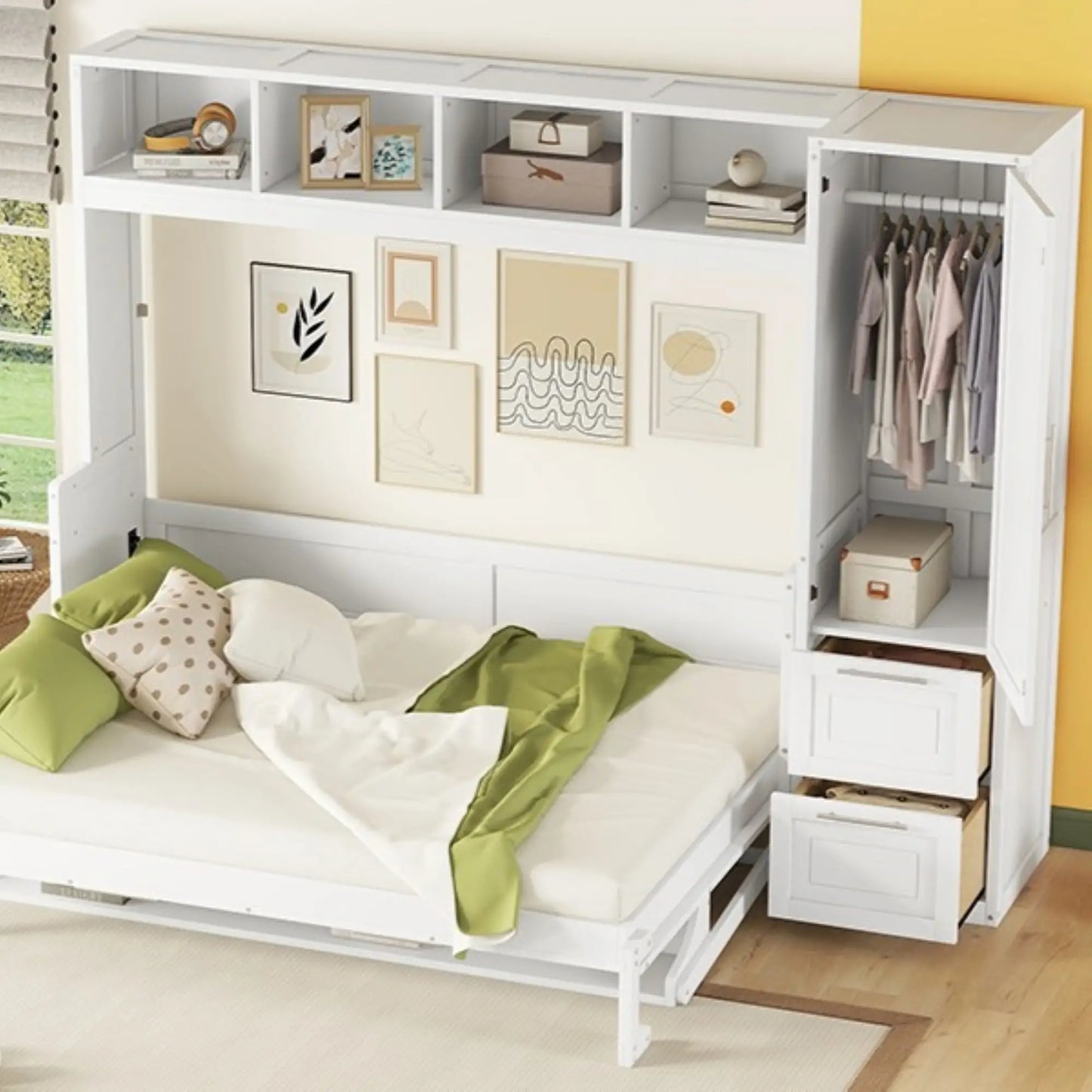 Murphy Bed with Side Flip, Closet, Drawers, 112" L x 21.5" W x 78.5" H, White Bed Frames at Gallery Canada