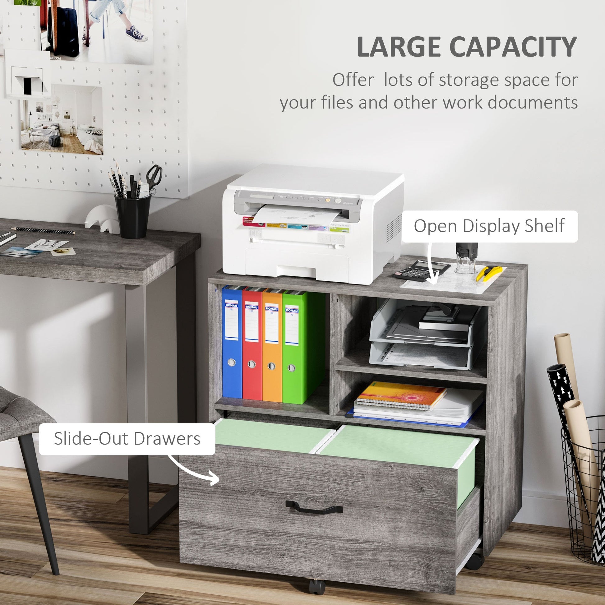 Lateral Filing Cabinet, Printer Stand, Mobile Office File Cabinet with Wheels for Letter and Legal Sized Files, Grey - Gallery Canada
