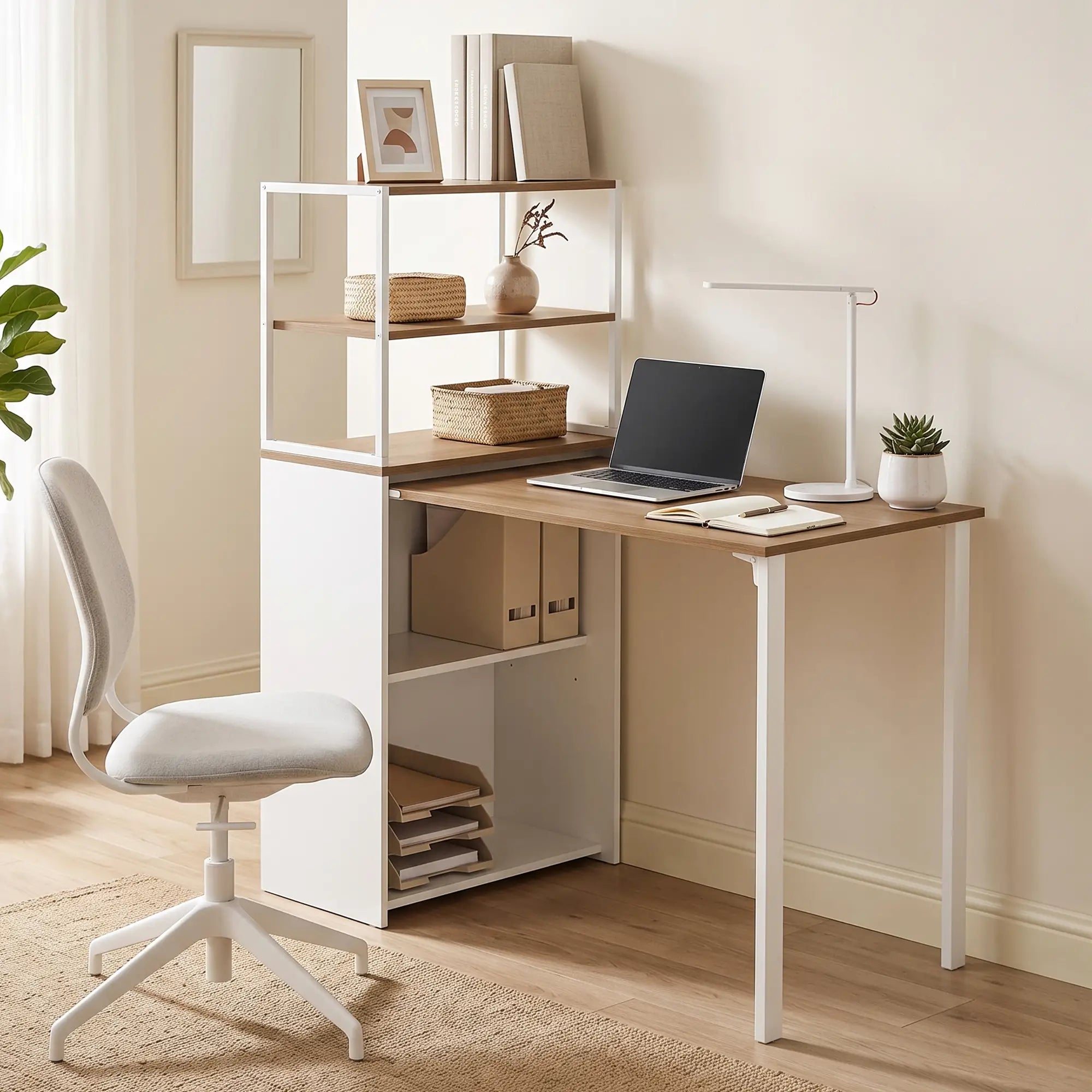 Folding Computer Desk With 4-Tier Bookshelf, Natural Computer Desks at Gallery Canada