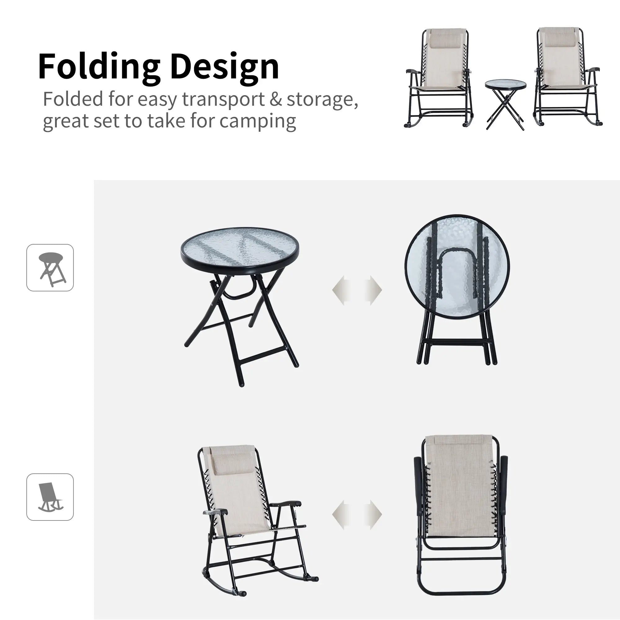 3pc Patio Rocking Chair Set, Folding Outdoor Chairs w/ Table, Cream White Outdoor Rocking Chairs at Gallery Canada