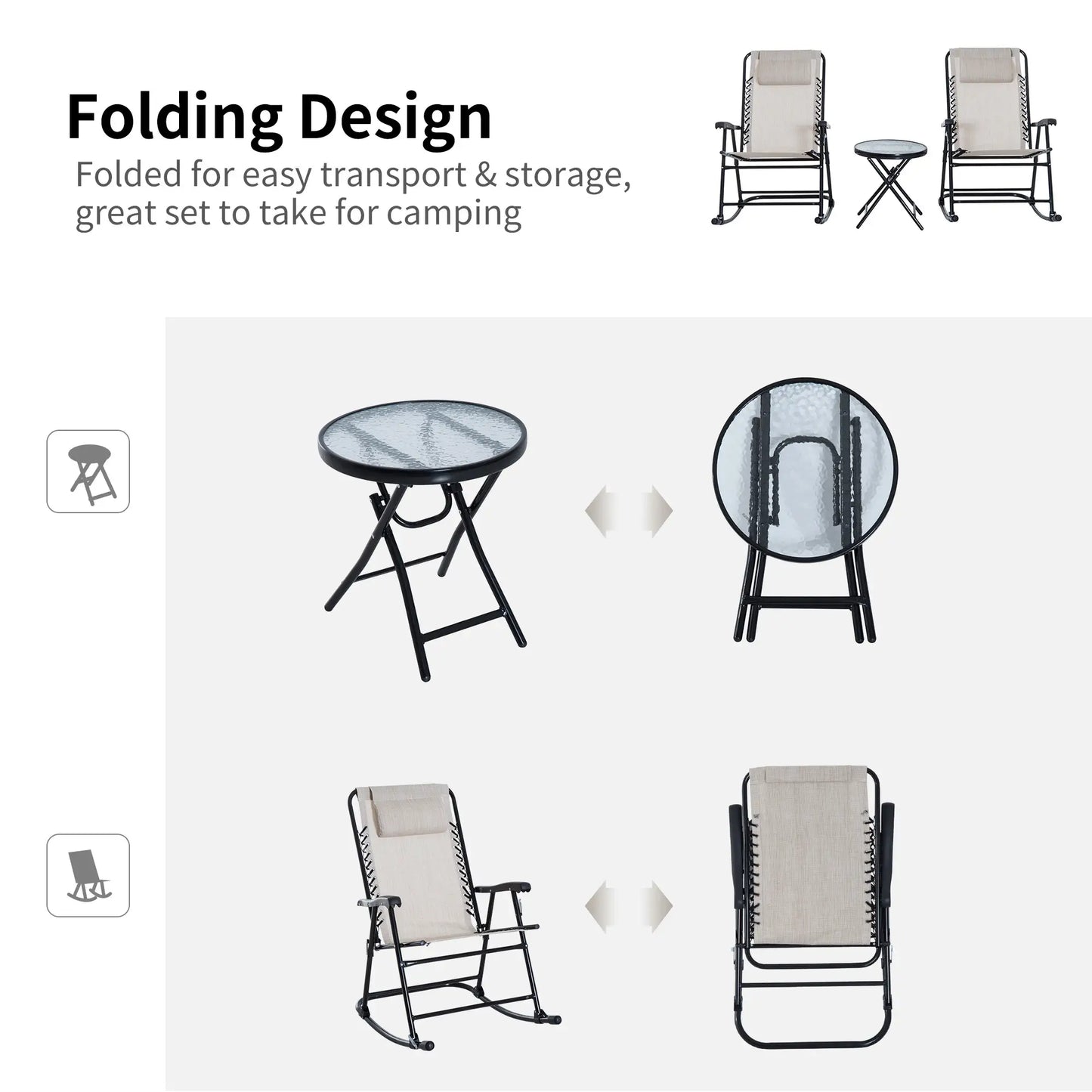 3pc Patio Rocking Chair Set, Folding Outdoor Chairs w/ Table, Cream White Outdoor Rocking Chairs at Gallery Canada