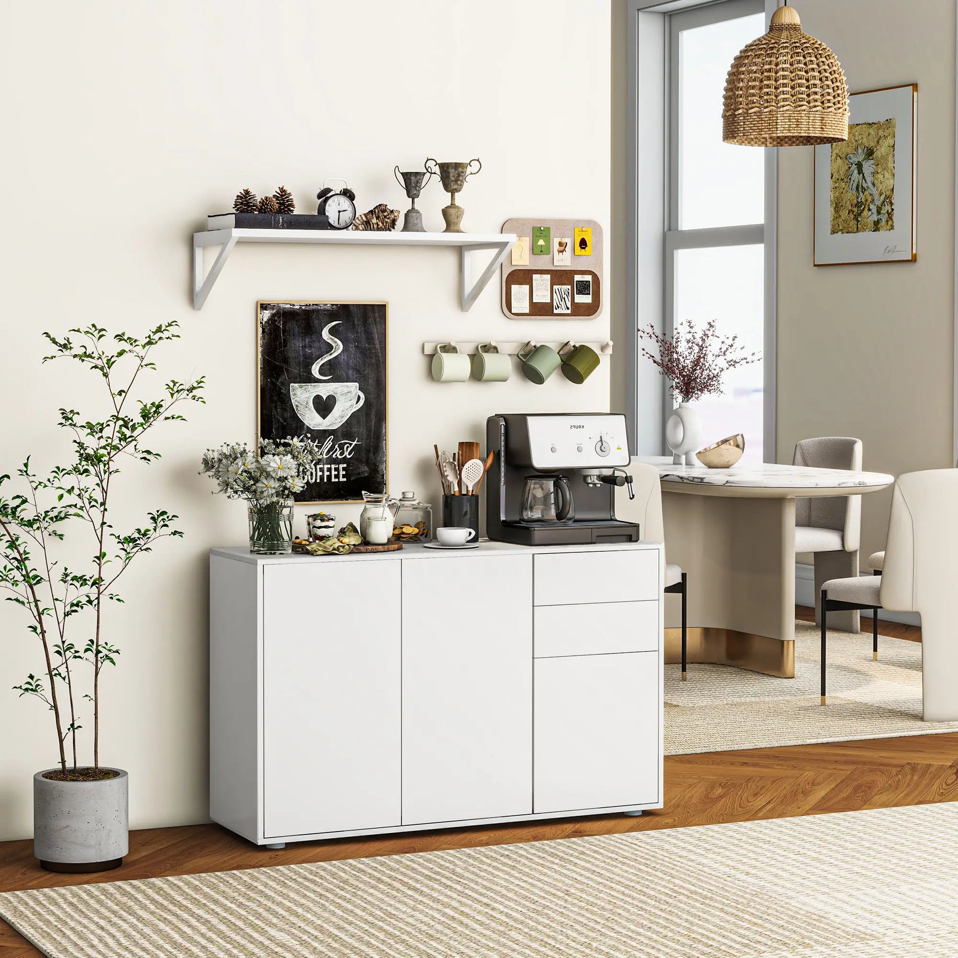 Modern Kitchen Sideboard, Coffee Bar with 2 Drawers, White Kitchen Pantry Cabinets at Gallery Canada