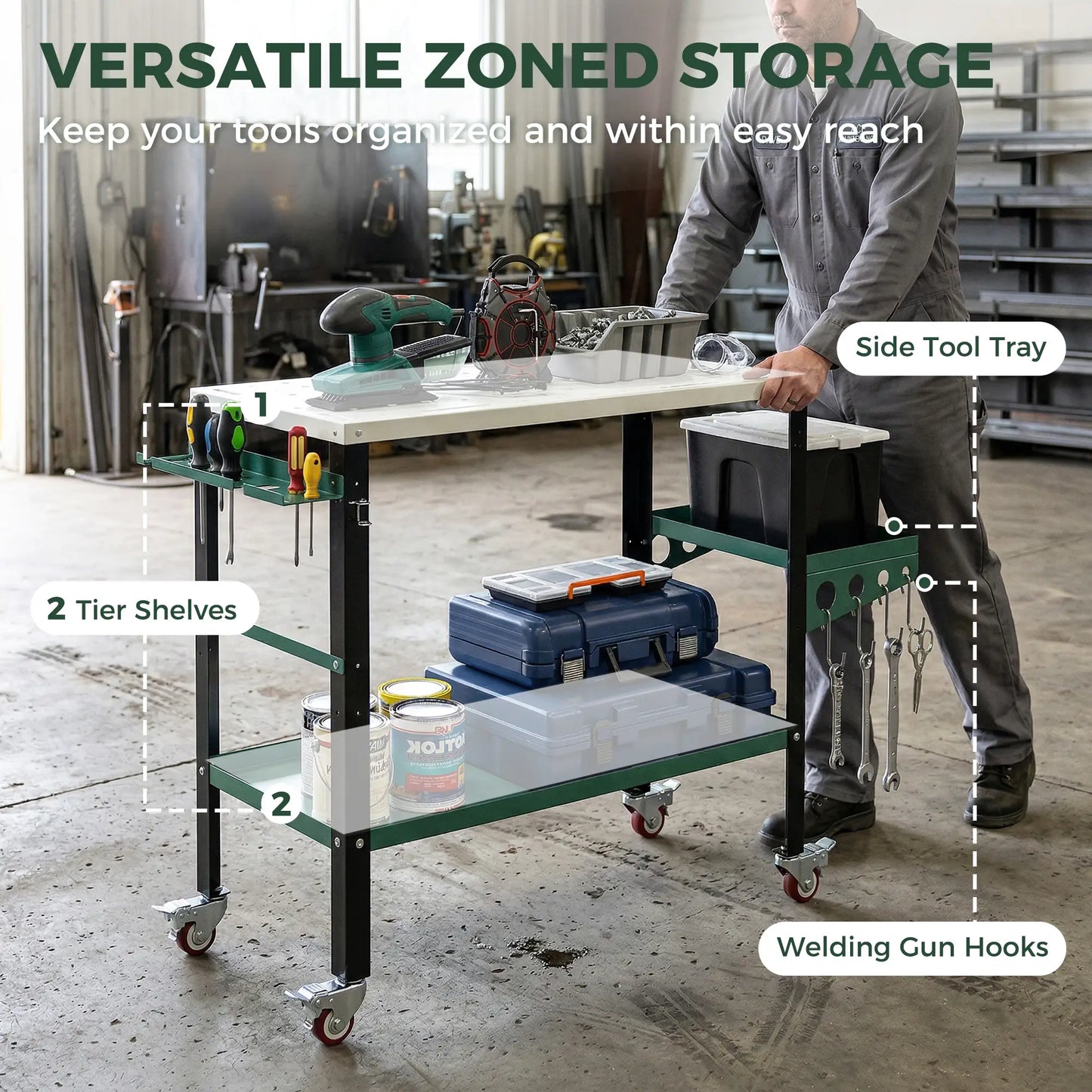 2Tier Rolling Tool Cart with Wheels, Lockable Steel Heavy Duty Cart with Side Tray, Silver &; Green Tool Organizers at Gallery Canada