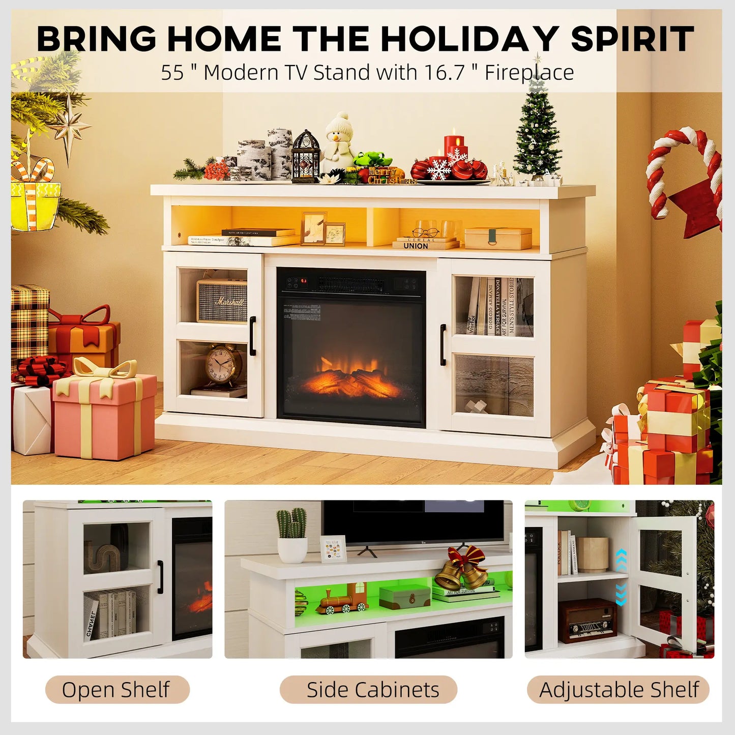 48 Inch Fireplace TV Stand, 3D Flame, Adjustable Shelves, White Electric Fireplaces at Gallery Canada