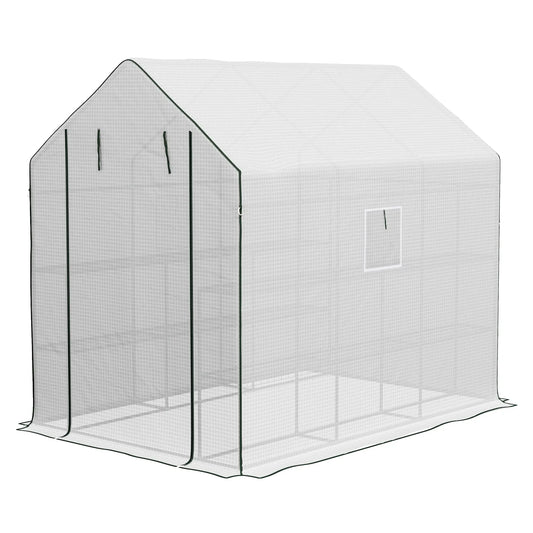 Walk-In Greenhouse, 3 Tier, Roll-Up Door, Mesh Windows, 140 x 213 x 190 cm, White