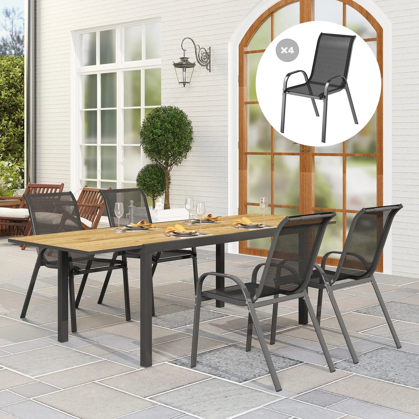 Set of 4 Stackable Outdoor Dining Chairs, High Back, Breathable Mesh Seat, Black Outdoor Dining Sets at Gallery Canada