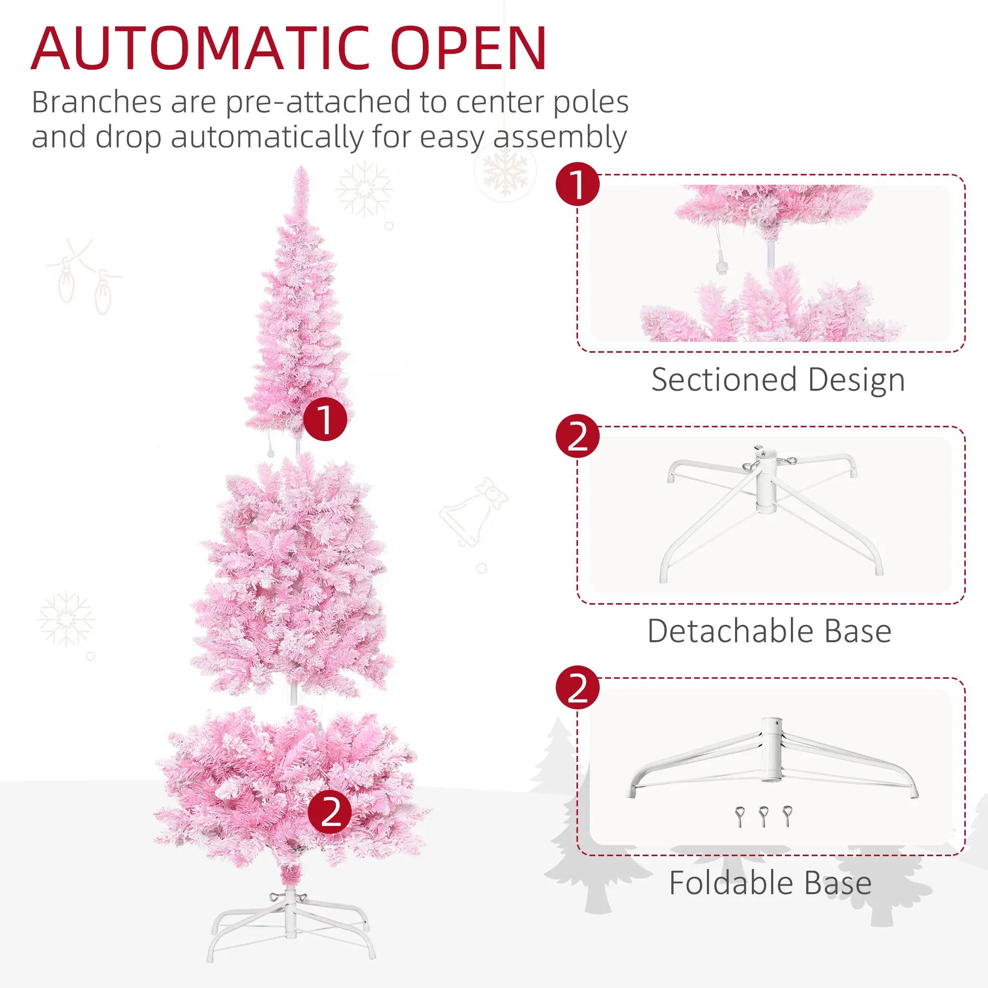 6ft Prelit Snow Flocked Artificial Christmas Tree, Pencil Shape, 500 Pine Branches, Warm White LED, Auto Open, Pink White Pre Lit Christmas Trees at Gallery Canada