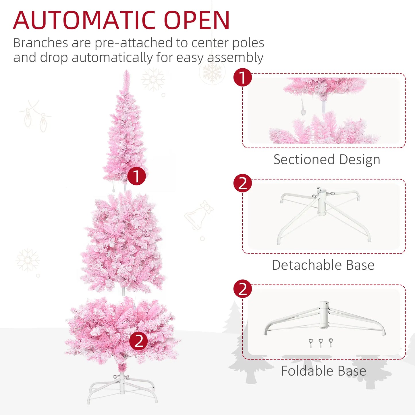 6ft Prelit Snow Flocked Artificial Christmas Tree, Pencil Shape, 500 Pine Branches, Warm White LED, Auto Open, Pink White Pre Lit Christmas Trees at Gallery Canada