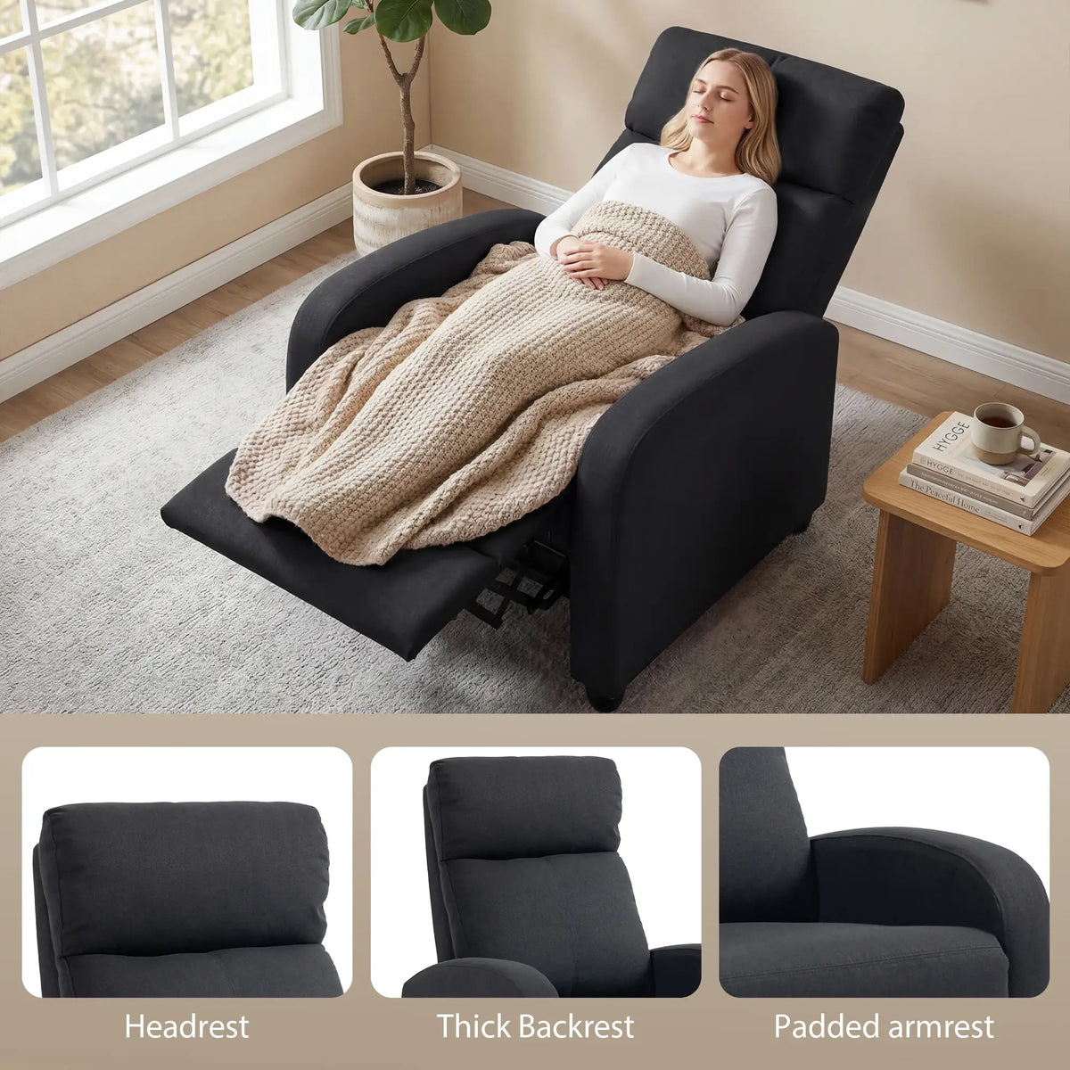 Manual Fabric Recliner Chair, Single Sofa with Padded Seat, Black Single Sofas at Gallery Canada