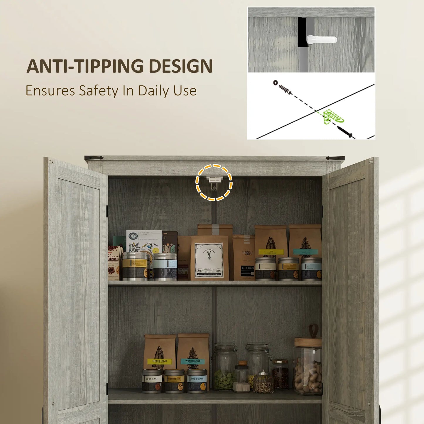 72" Farmhouse Pantry Cabinet, Adjustable Shelves, 2 Doors, Distressed, Light Grey Storage Cabinets at Gallery Canada