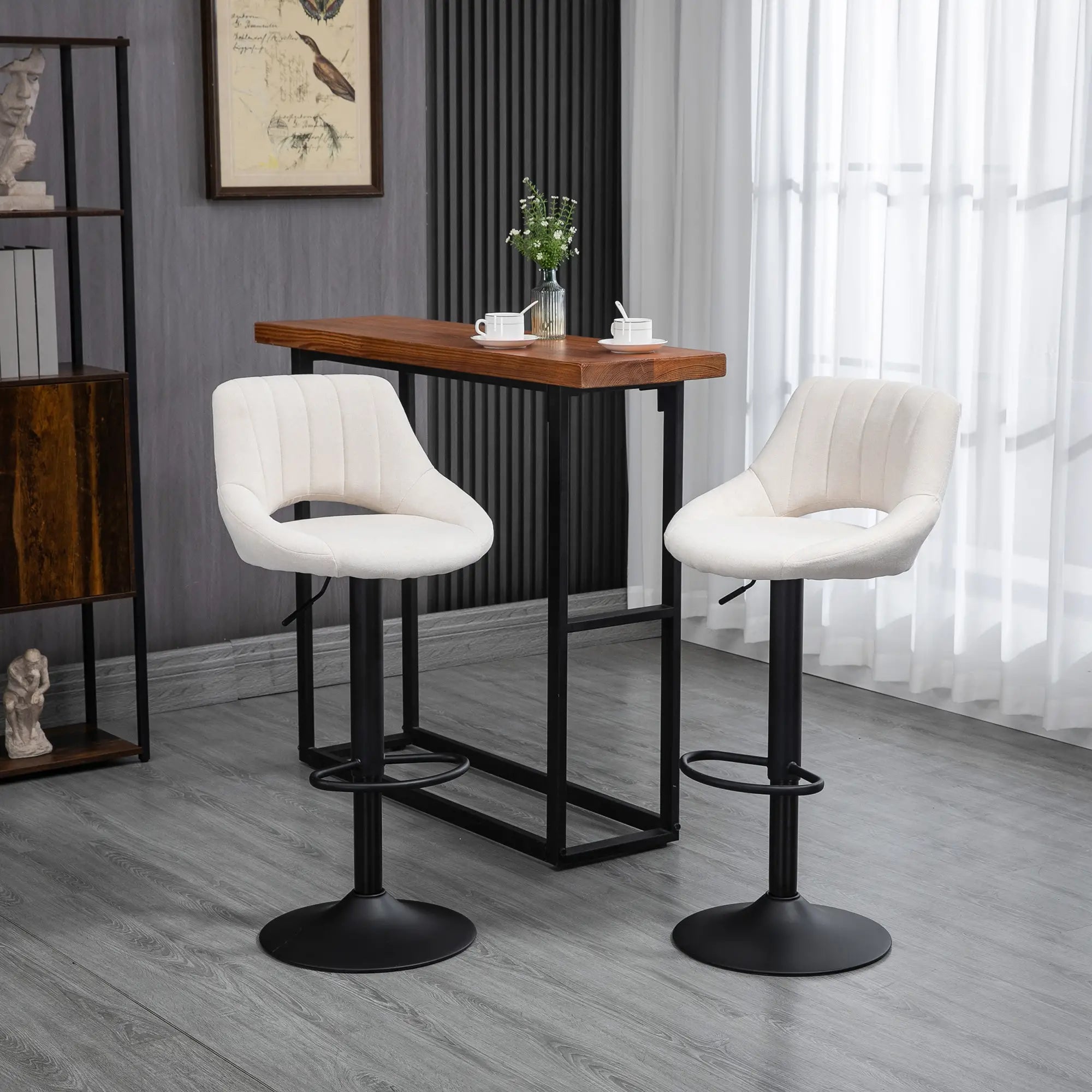 Bar Stools Set of 2, Swivel Counter Height Barstools with Adjustable Height, Linen Upholstered Bar Chairs with Round Metal Base and Footrest, Cream Bar Stools at Gallery Canada