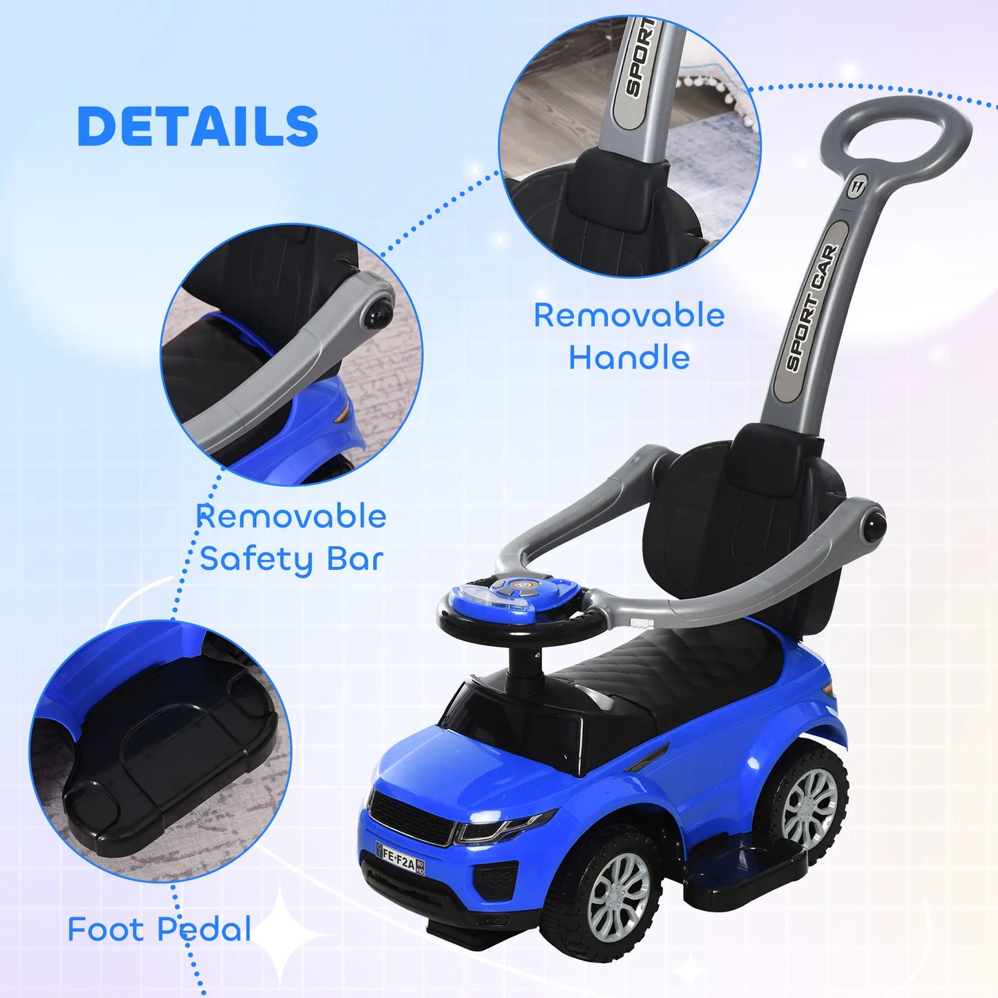 2 en 1 Poussette Voiture à Pousser pour Enfant, Voiture à Glissière avec Klaxon, Musique, Lumière, Barre de Sécurité, Bleu