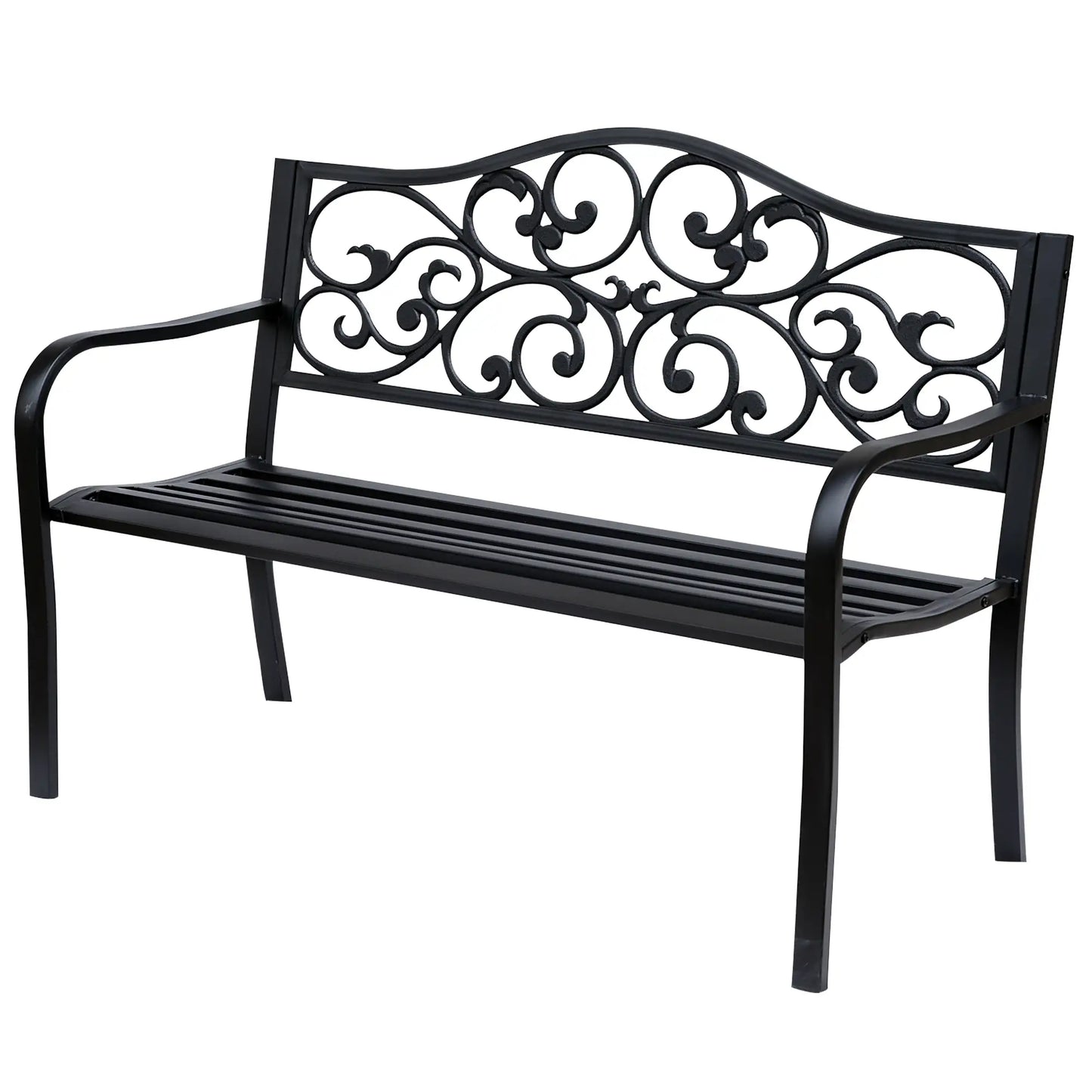 Vintage Floral Cast Metal Garden Bench, 50" x 23.6" x 35", Black Outdoor Benches at Gallery Canada