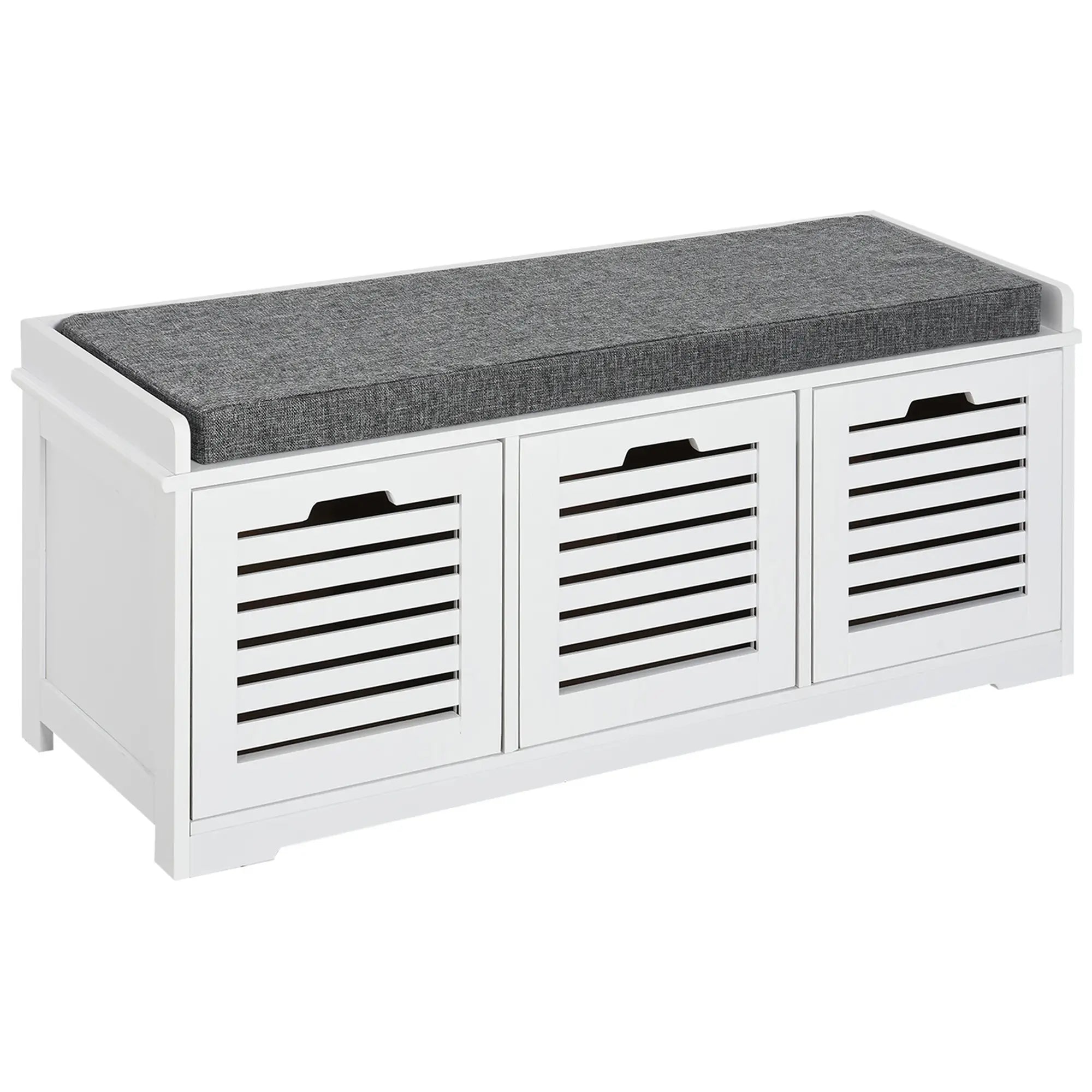 Upholstered Shoe Cabinet Bench, 3 Drawer Storage, White Shoe Storage Cabinets & Racks Grey seat, White others at Gallery Canada