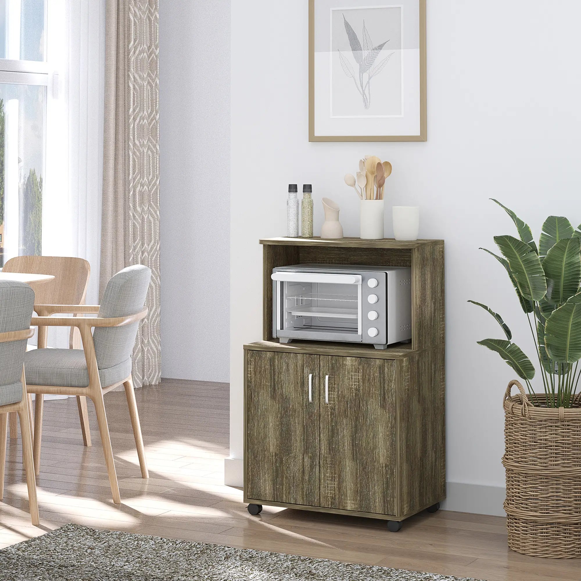 Microwave Cart on Wheels, 2-Door Cabinet, Grey Wood Grain, Grey Kitchen Pantry Cabinets at Gallery Canada