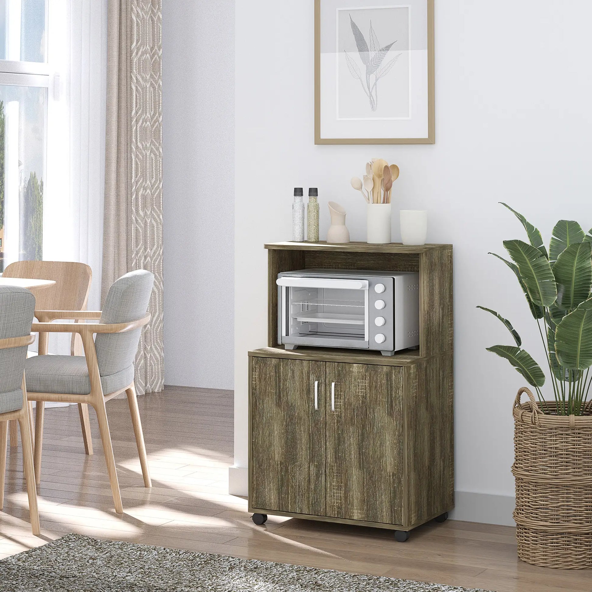 Microwave Cart on Wheels, 2-Door Cabinet, Grey Wood Grain, Grey Kitchen Pantry Cabinets at Gallery Canada