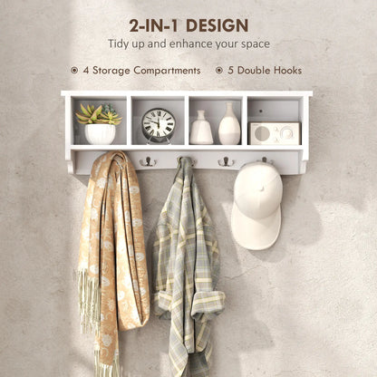 Wall Mount Coat Rack with Shelf, 28", 5 Hooks, 4 Compartments, White Clothing Storage at Gallery Canada