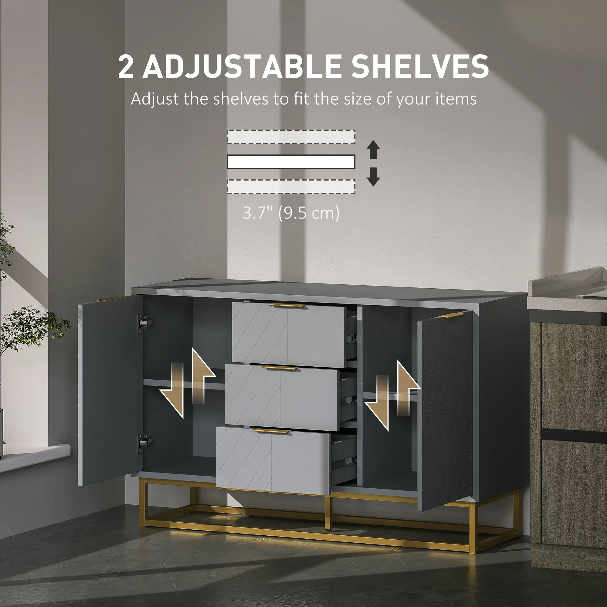 Sideboard Storage Cabinet, 3 Drawers, Adjustable Shelves, Grey Bar Cabinets at Gallery Canada