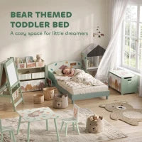 Toddler Bed with Storage, Guard Rails, 132x70x10cm, Green Bear Print