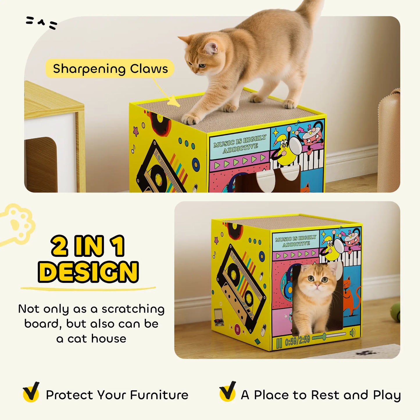 2 in 1 Cardboard Cat House, Cat Scratcher with Scratching Board Cat Houses at Gallery Canada