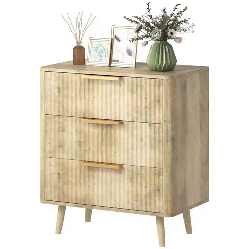 Fluted Chest of Drawers, Modern 3 Drawer Dresser with Pine Wood Legs, Oak