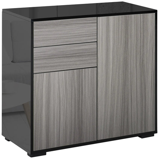 High Gloss Buffet Sideboard, 2 Drawers, 2 Doors, Adjustable Shelf, Kitchen Cabinet, Grey Black Bar Cabinets High Gloss Black (Frame), Grey Wood Grain (Panel) at Gallery Canada