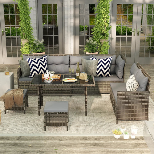 6pcs Outdoor Rattan Sofa Set, Wicker Sectional Couch, Dining Table, Chair, Grey