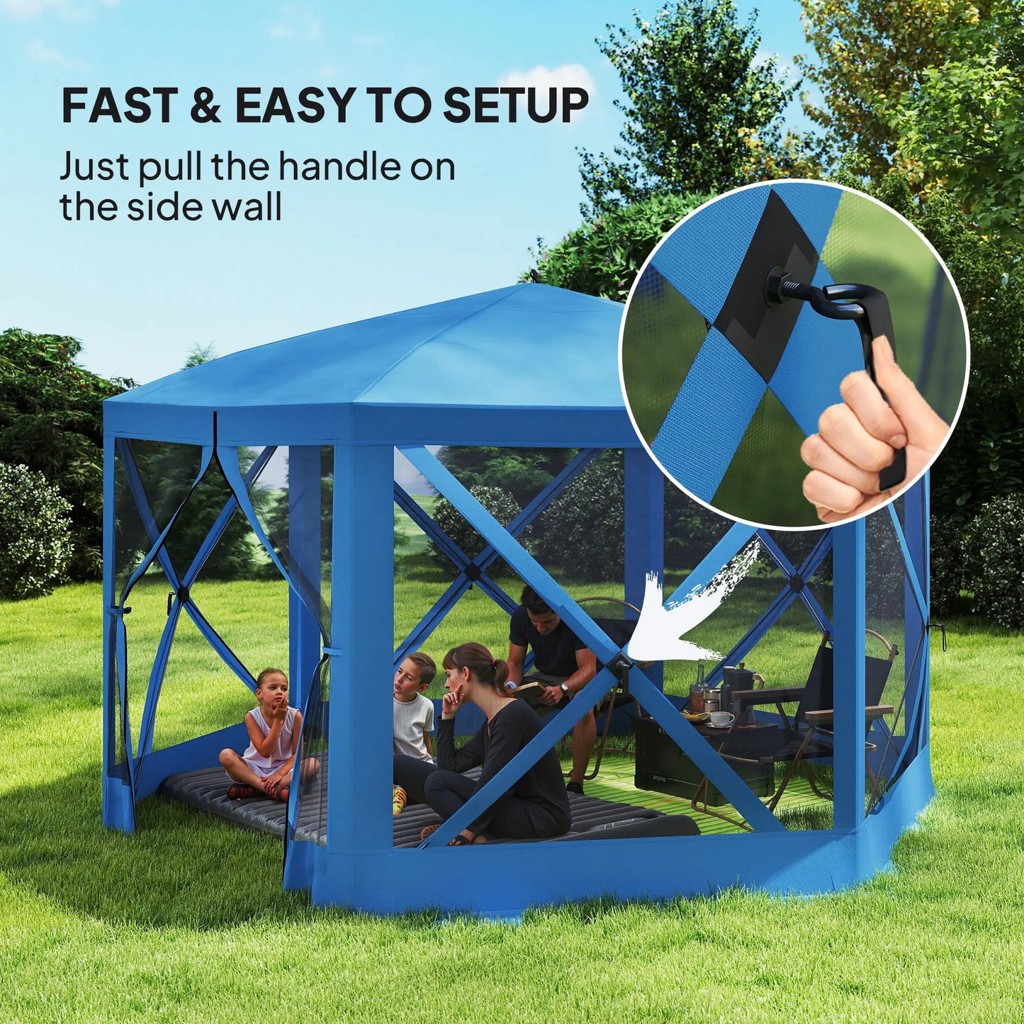 12' x 12' Hexagon Pop Up Screen Tent, Camping Shelter With Mesh Sidewalls, Carry Bag, Blue Pop Up Canopies at Gallery Canada