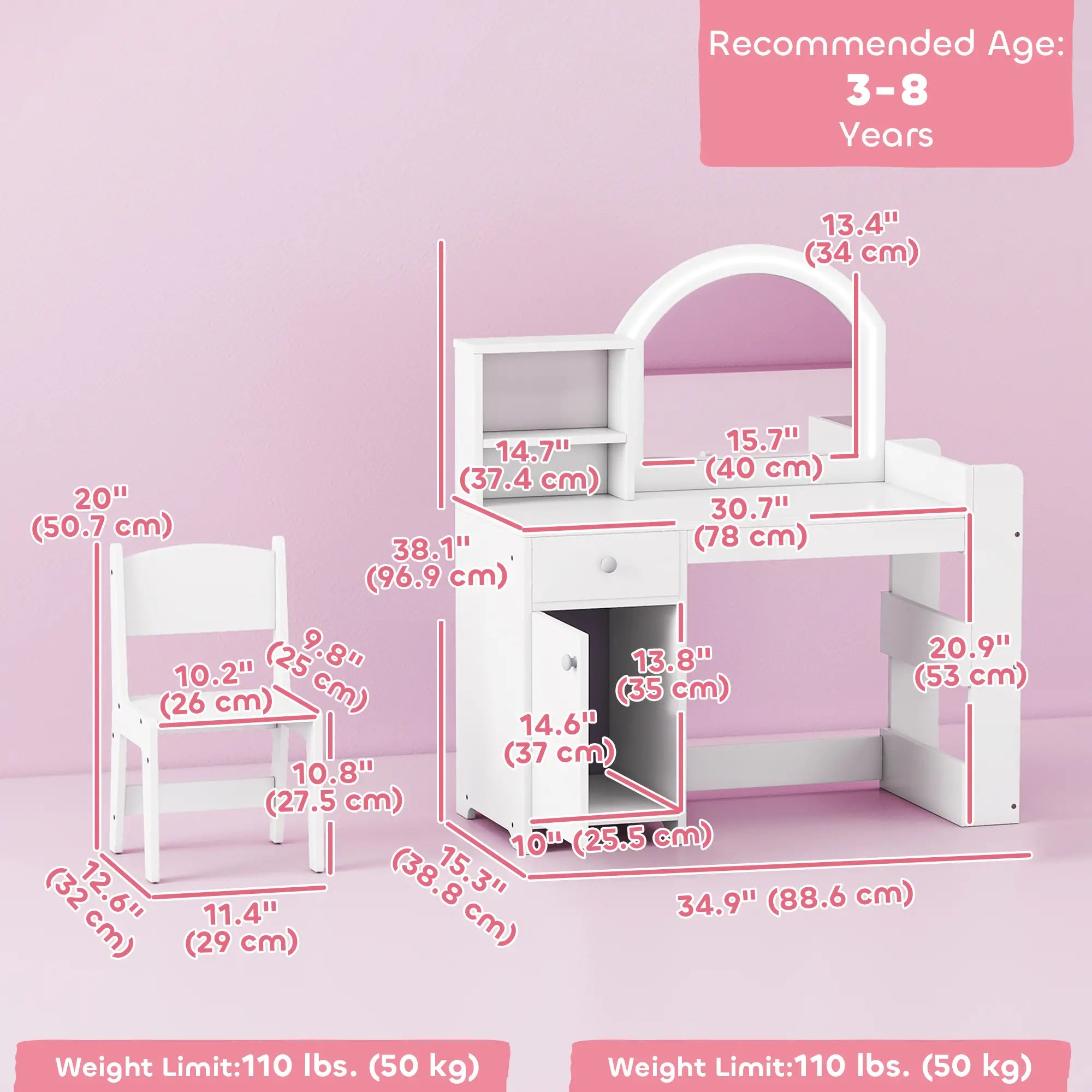 Kids Vanity Set, Toddler Dressing Table and Chair, White Toy Vanity at Gallery Canada