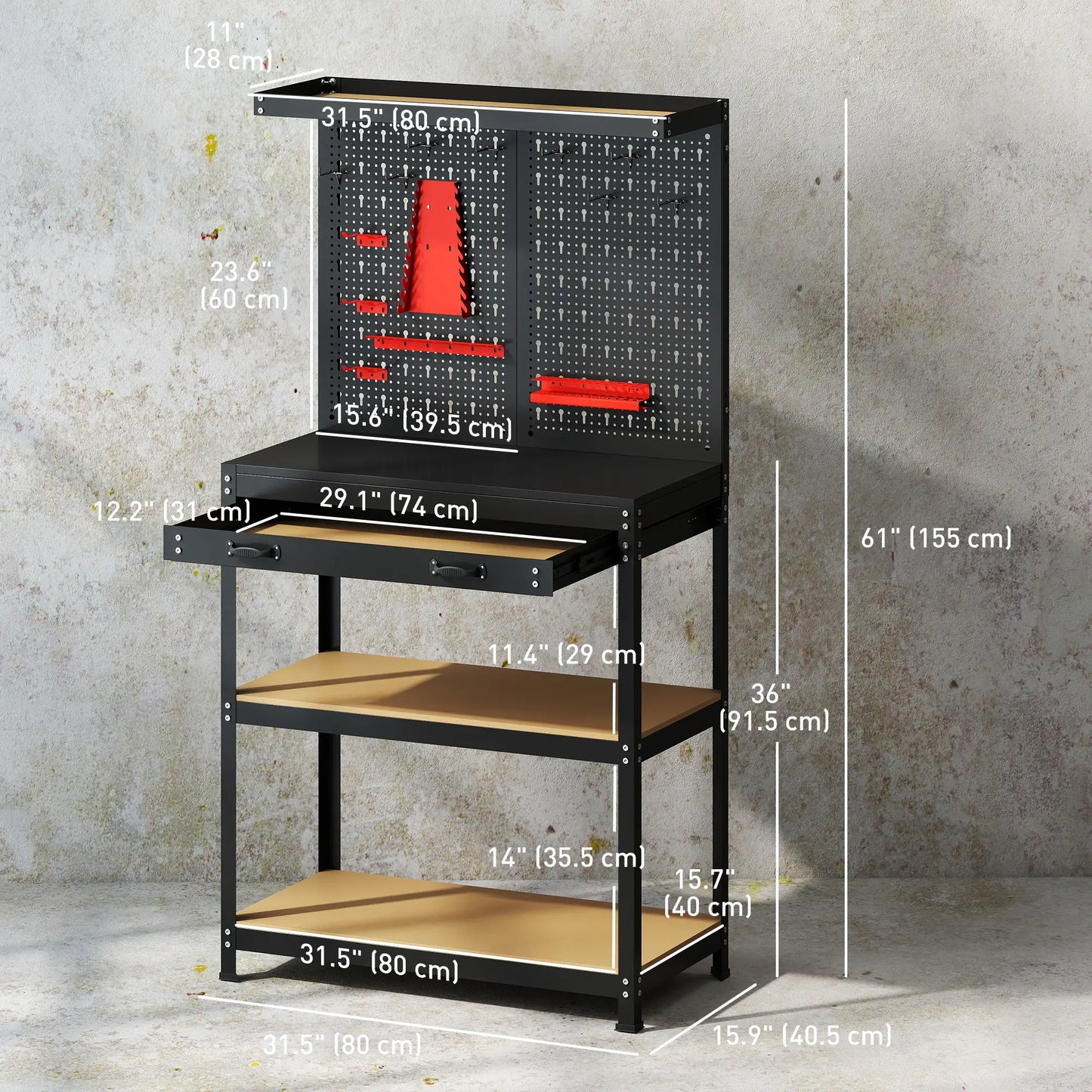 31.5 Inch Workbench with Pegboard, 2 Shelves, Drawer, Black Tool Organizers at Gallery Canada