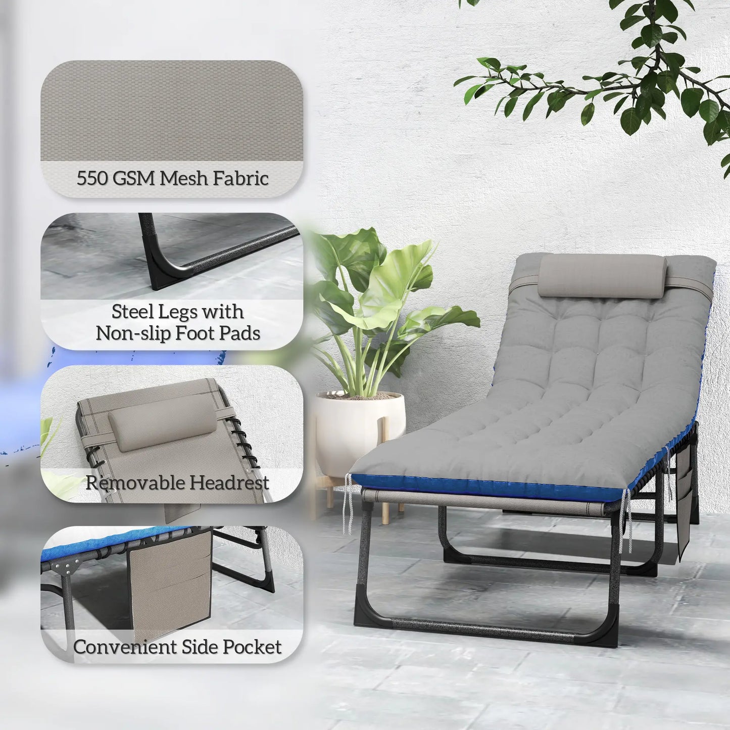 Folding Chaise Lounge Chair Set Of 2, With Cushion And Side Pocket, Brown/Blue Lounger Chairs at Gallery Canada