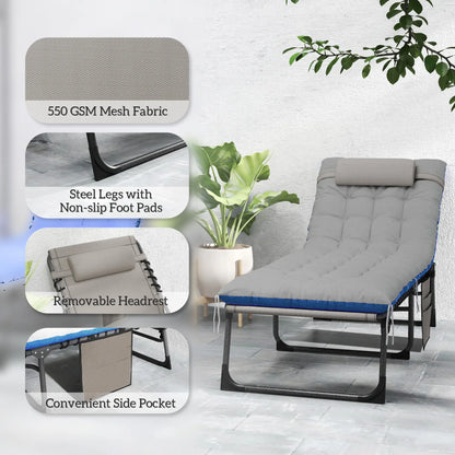 Folding Chaise Lounge Chair Set Of 2, With Cushion And Side Pocket, Brown/Blue Lounger Chairs at Gallery Canada