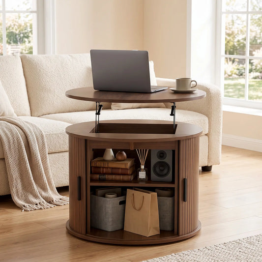 Lift Top Coffee Table, Round, Storage, Sliding Door, Walnut Brown Coffee Tables Multi Colour at Gallery Canada