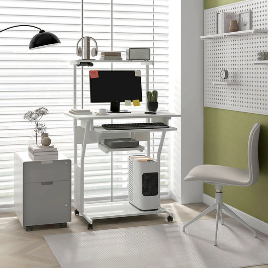 32" Mobile Computer Table, Rolling Study Desk with Keyboard Tray, White Computer Desks White at Gallery Canada