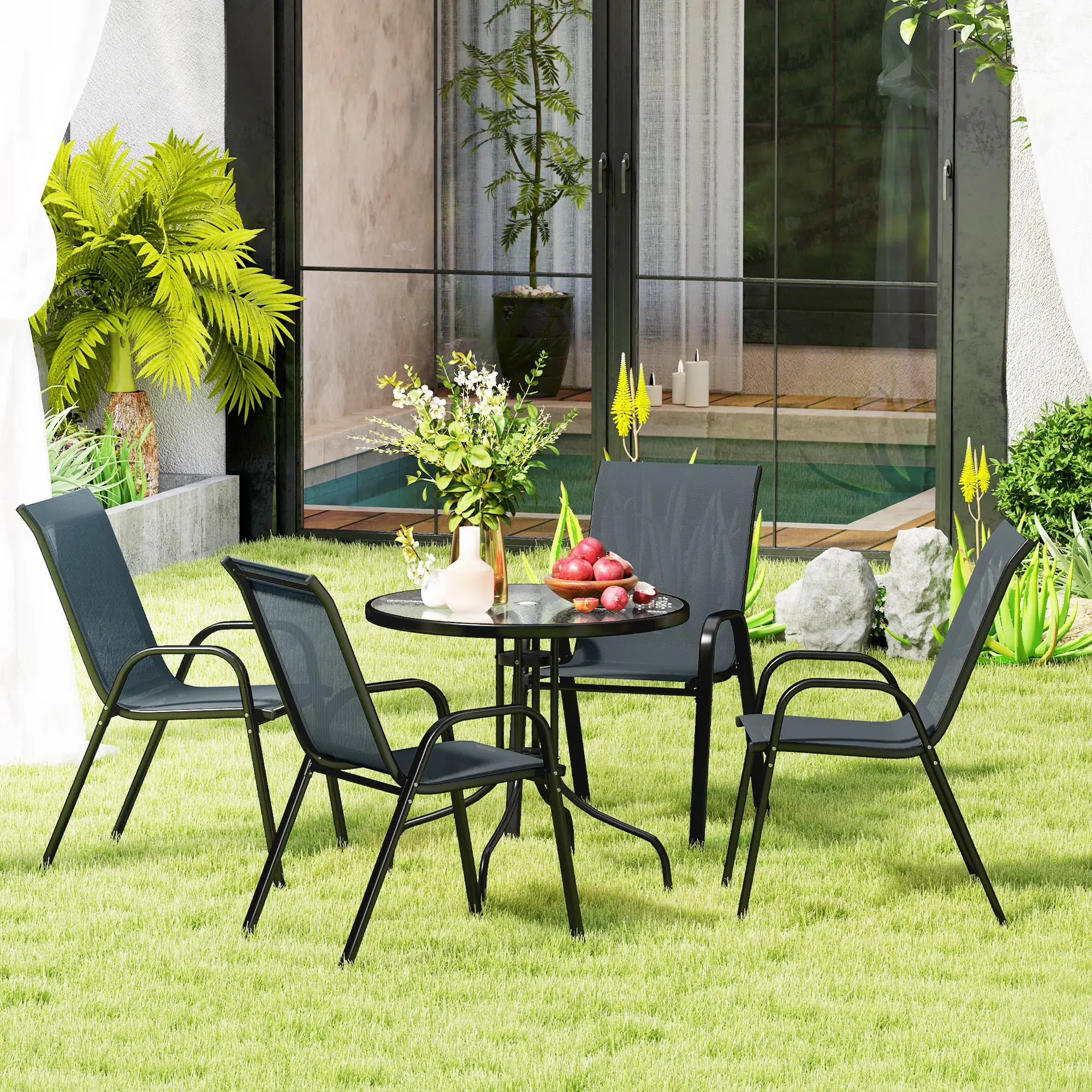 Five-Piece Steel Patio Set, Glass-Top Table, Dark Grey Outdoor Dining Sets at Gallery Canada