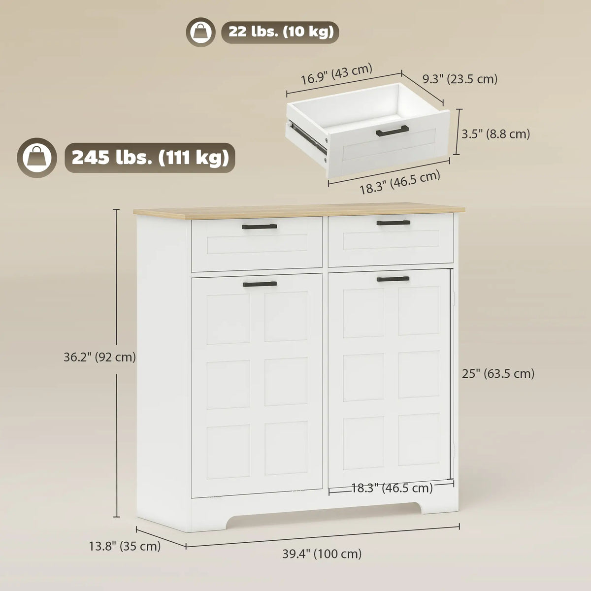 7 Gallon Tilt Out Garbage Cabinet, Kitchen Island, 2 Drawers, White