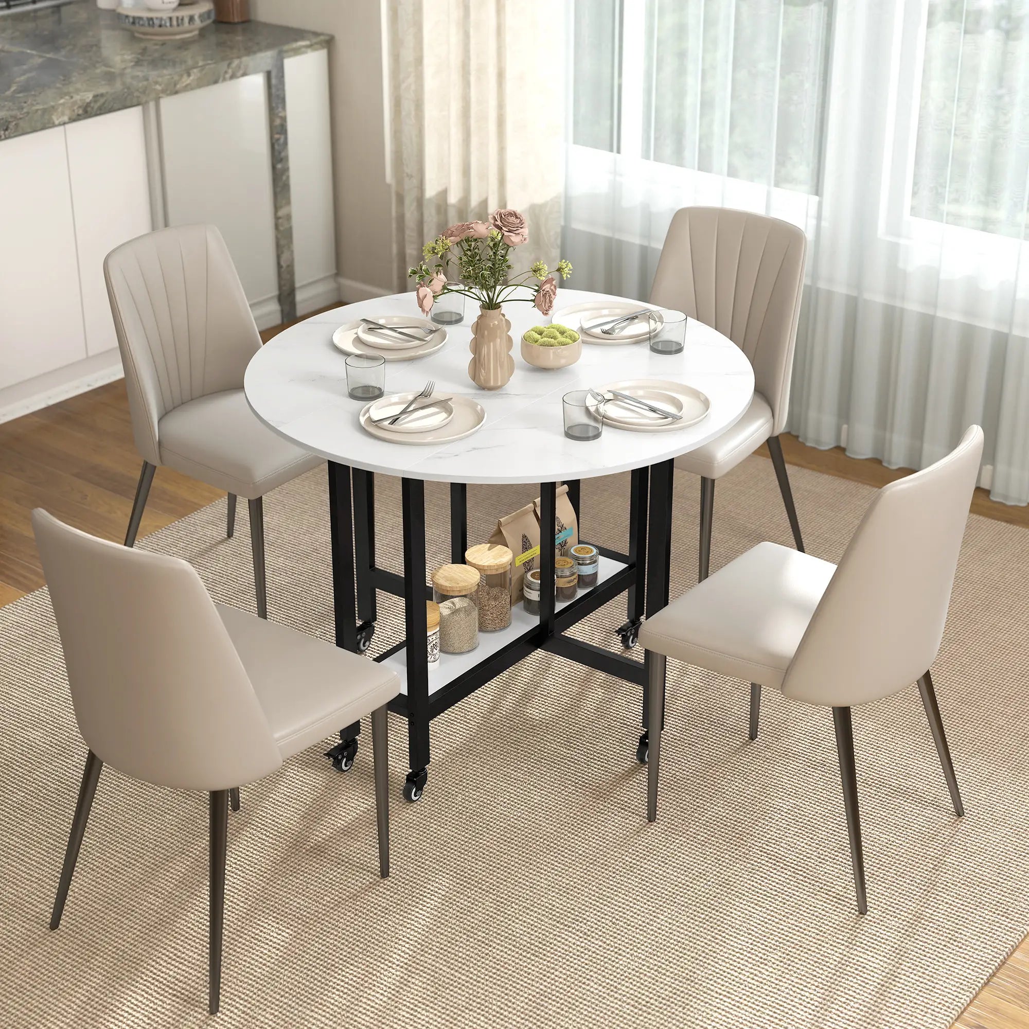Folding Drop Leaf Table, White Marble, Open Shelf, Rolling Kitchen Table, White Dining Tables at Gallery Canada